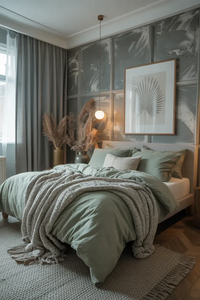Sage Green Bedding with Grey Textured Walls