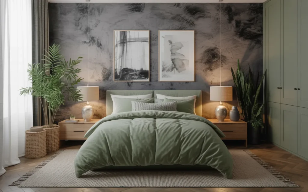 Sage Green Bedding with Grey Textured Walls,
