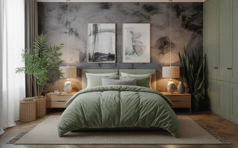 Sage Green Bedding with Grey Textured Walls,