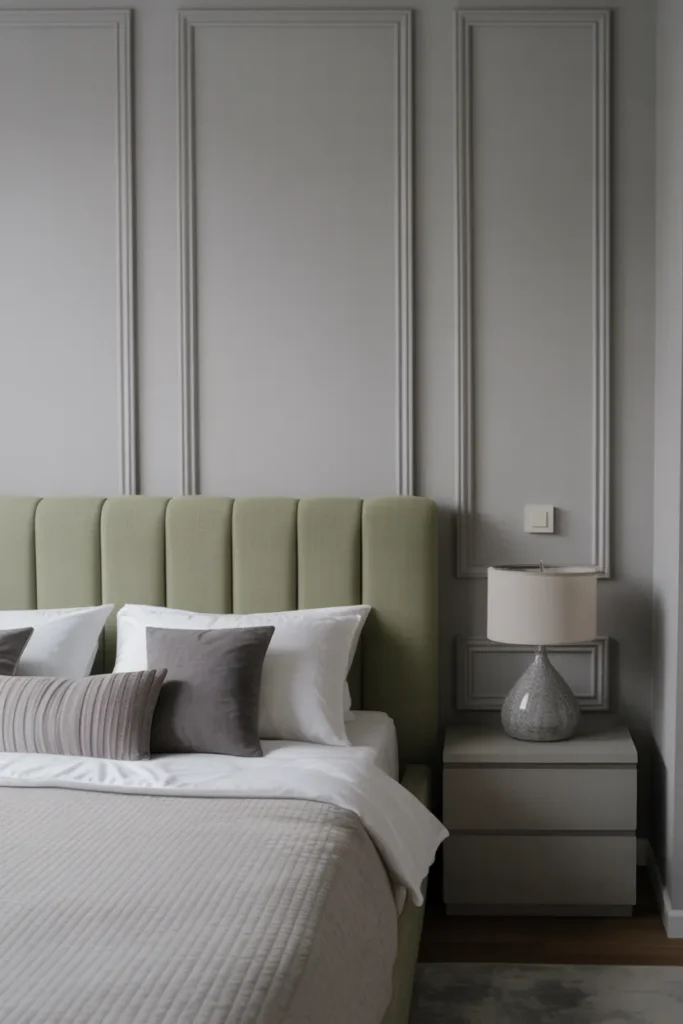 Sage Green Headboard with Grey Wall Paneling