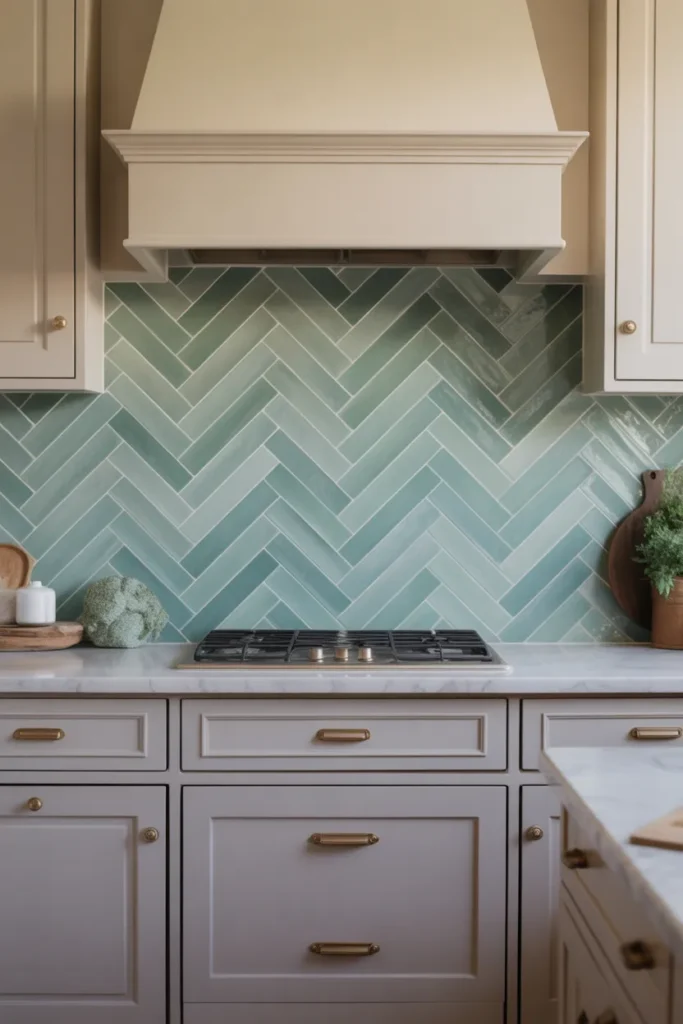 Sage Green Herringbone Tiles with Neutral Cabinets