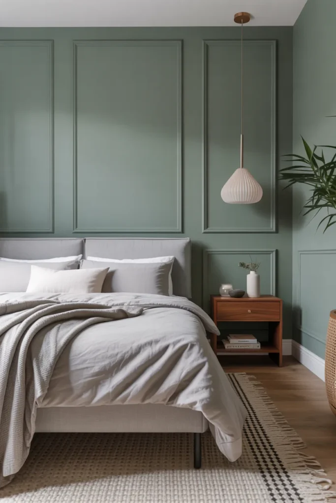 Sage Green Wall Panels with Grey Bedding