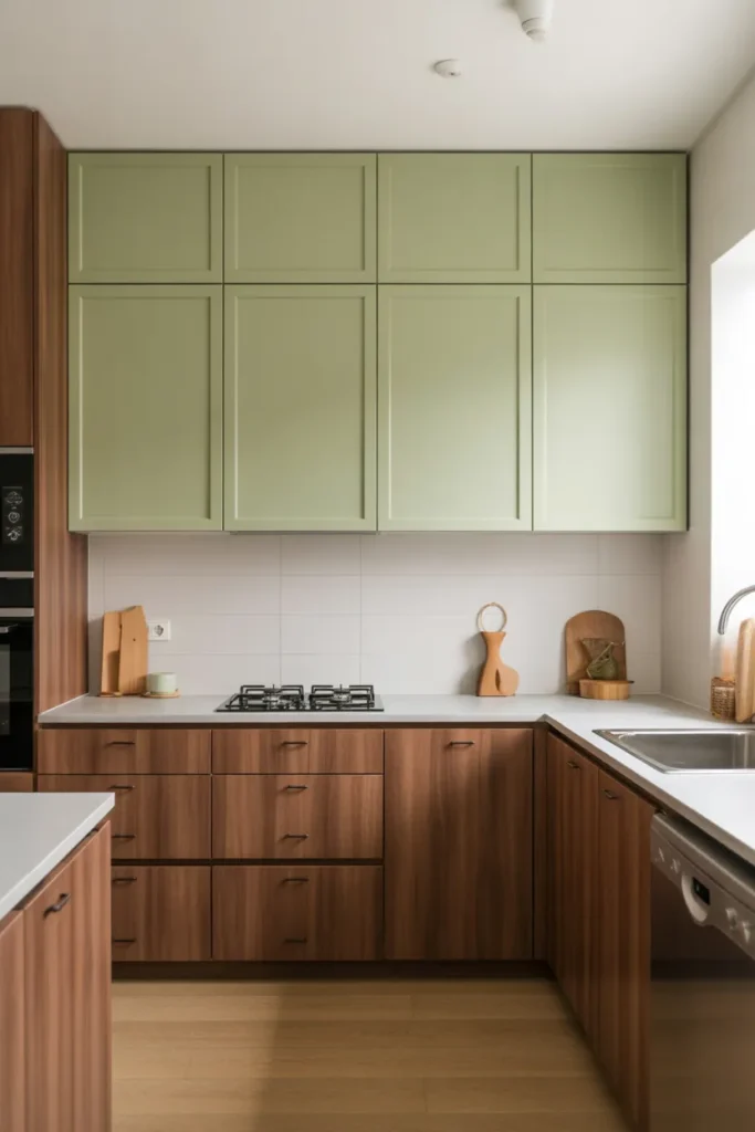 Sage Green and Wood Two Tone Kitchen Cabinets