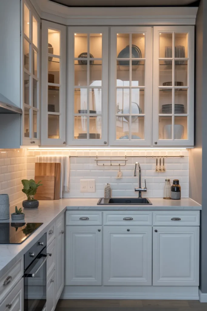 Small Kitchen with Glass Cabinet Doors
