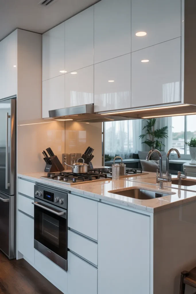 Small Kitchen with Mirrored Backsplash