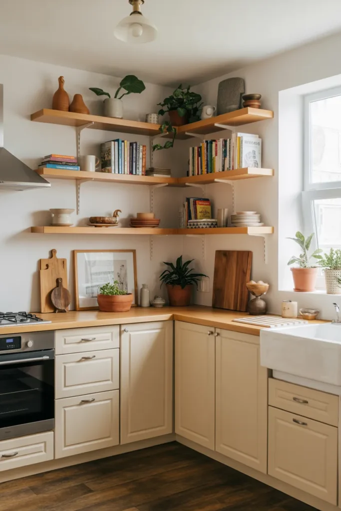 Small Kitchen with Open Corner Shelving