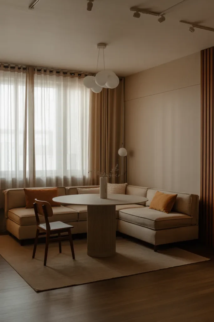 Small Living Room Dining Layout with Corner Dining Set