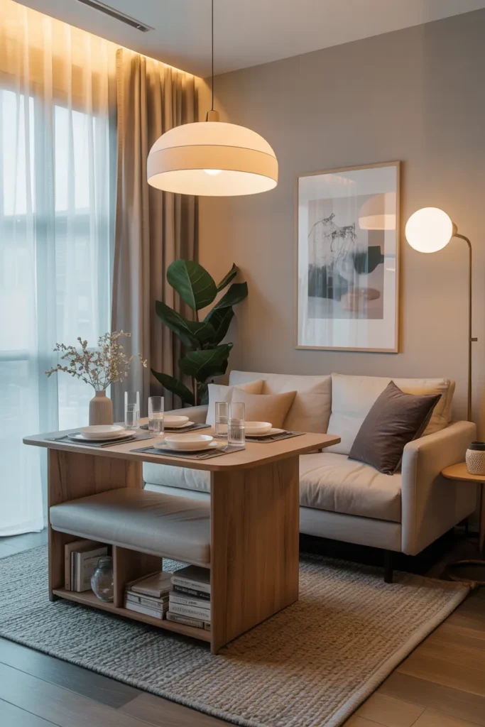 Small Living Room Dining Layout with Multi-Use Ottoman Table