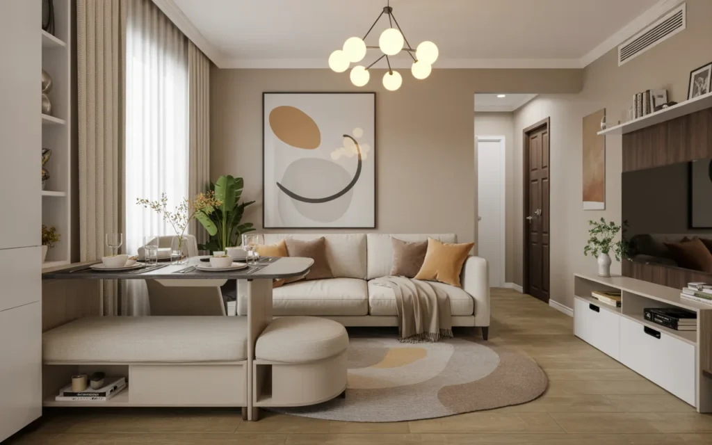 Small Living Room Dining Layout with Multi-Use Ottoman Table,