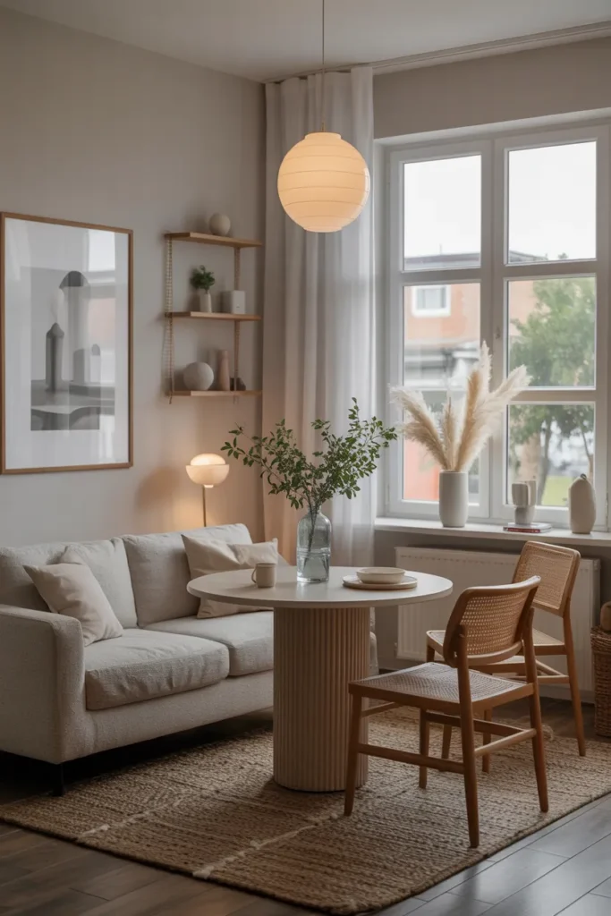 Small Living Room Dining Layout with Round Table