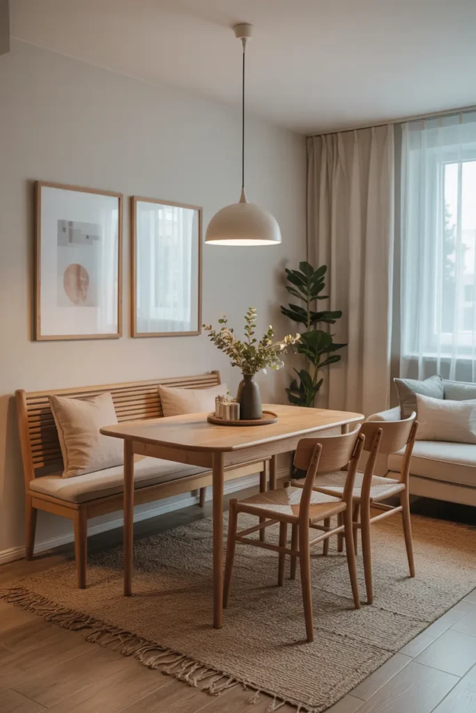 Small Living Room Dining Layout with Wall Seating