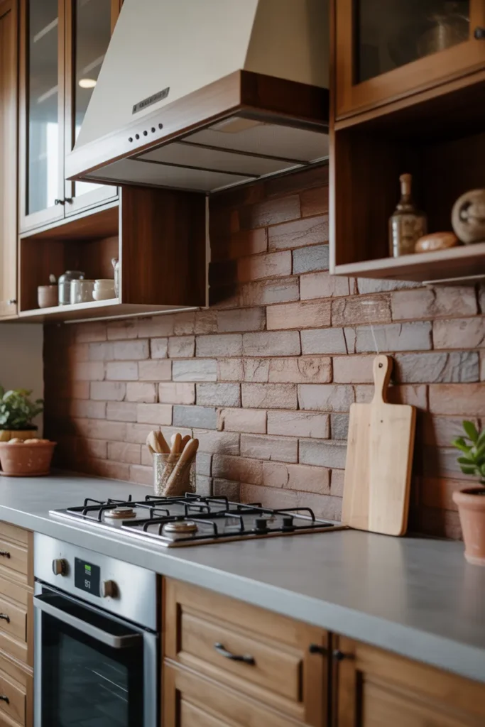 Soft Brown Stone Backsplash with Cozy Rustic Vibes