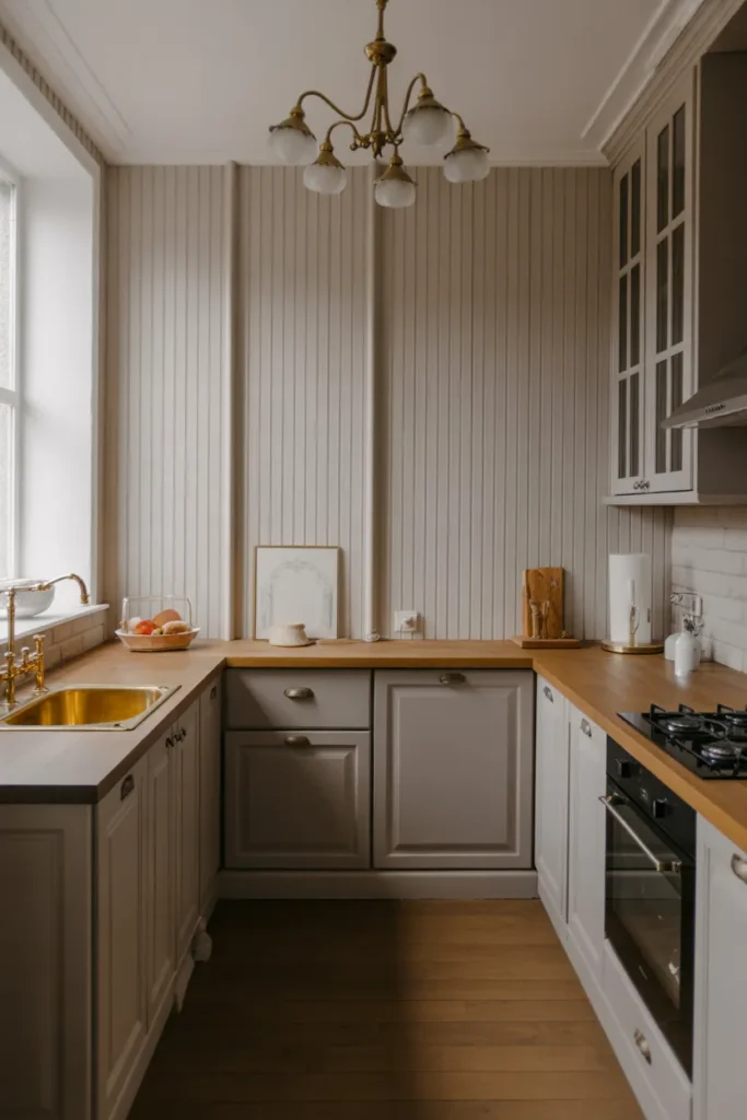 Soft Gray Victorian Kitchen with Wooden Accents