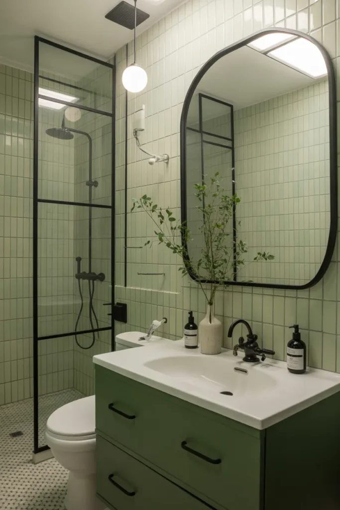 Soft Green Bathroom with Black Accents