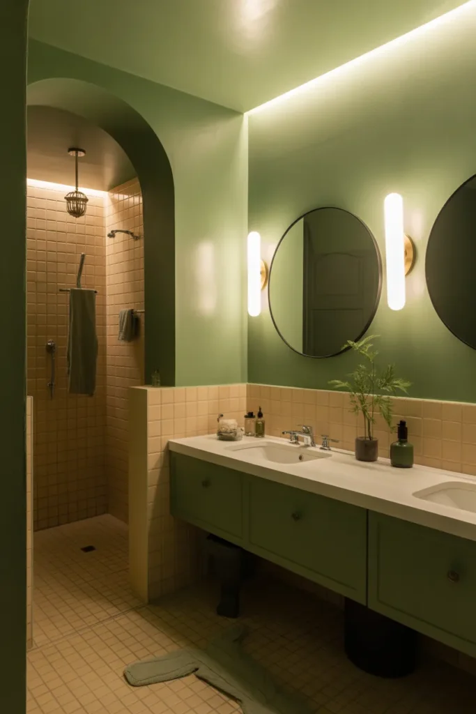 Soft Green Bathroom with Layered Lighting