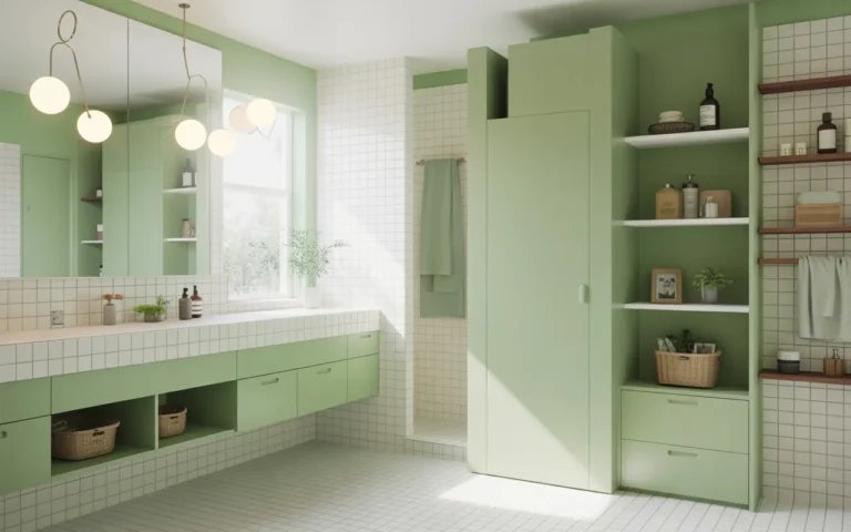 Soft Green Bathroom with Minimal Storage,