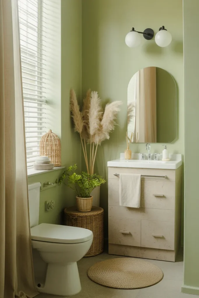 Soft Green Bathroom with Neutral Textiles