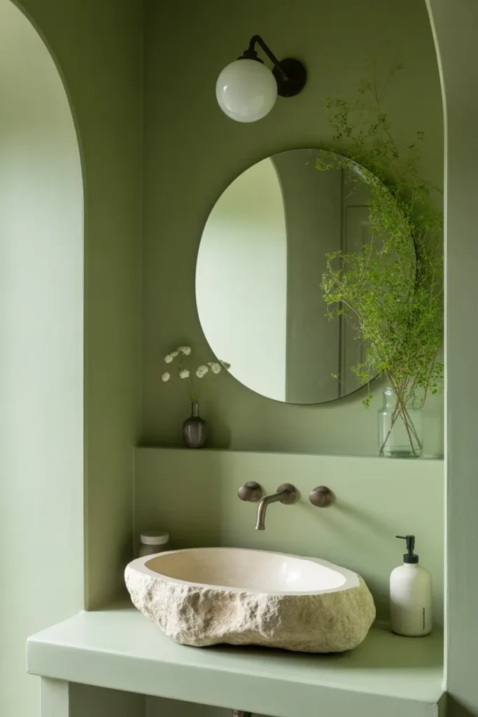 Soft Green Bathroom with Stone Sink