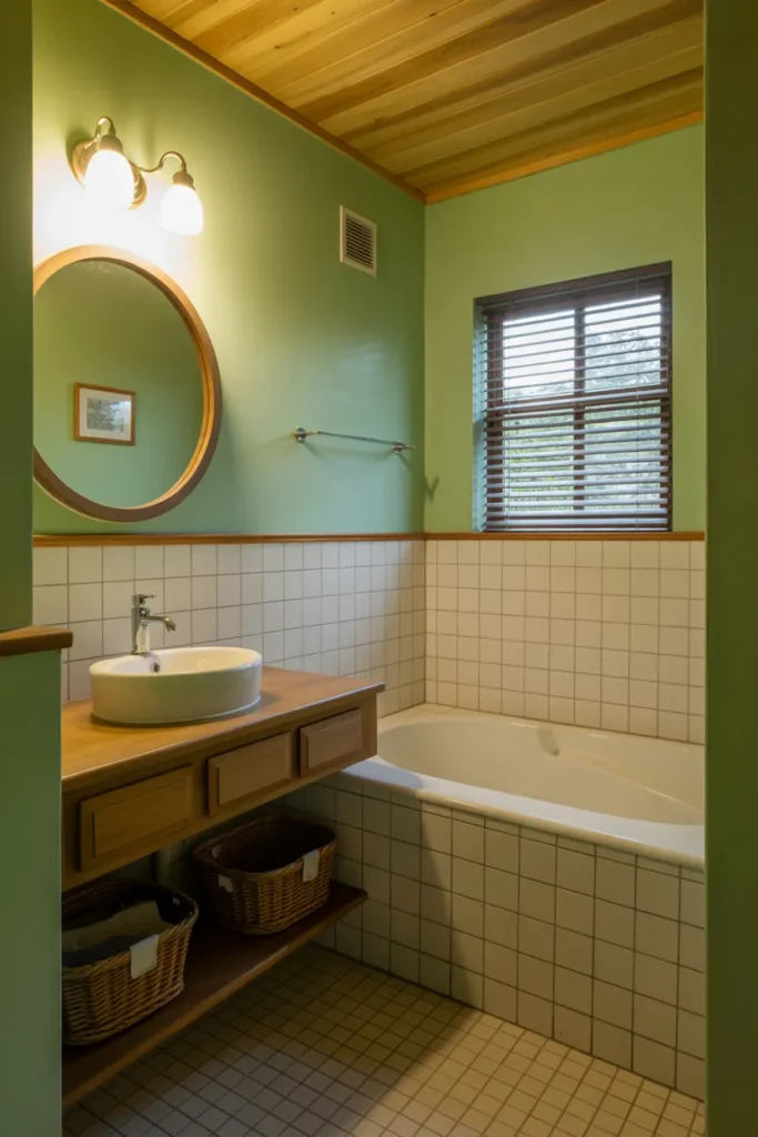 Soft Green Bathroom with Warm Wooden Ceiling