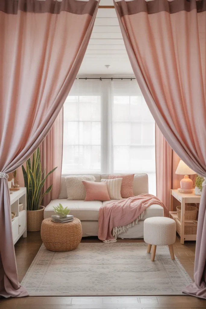 Soft Pink Curtains and Layered Textiles