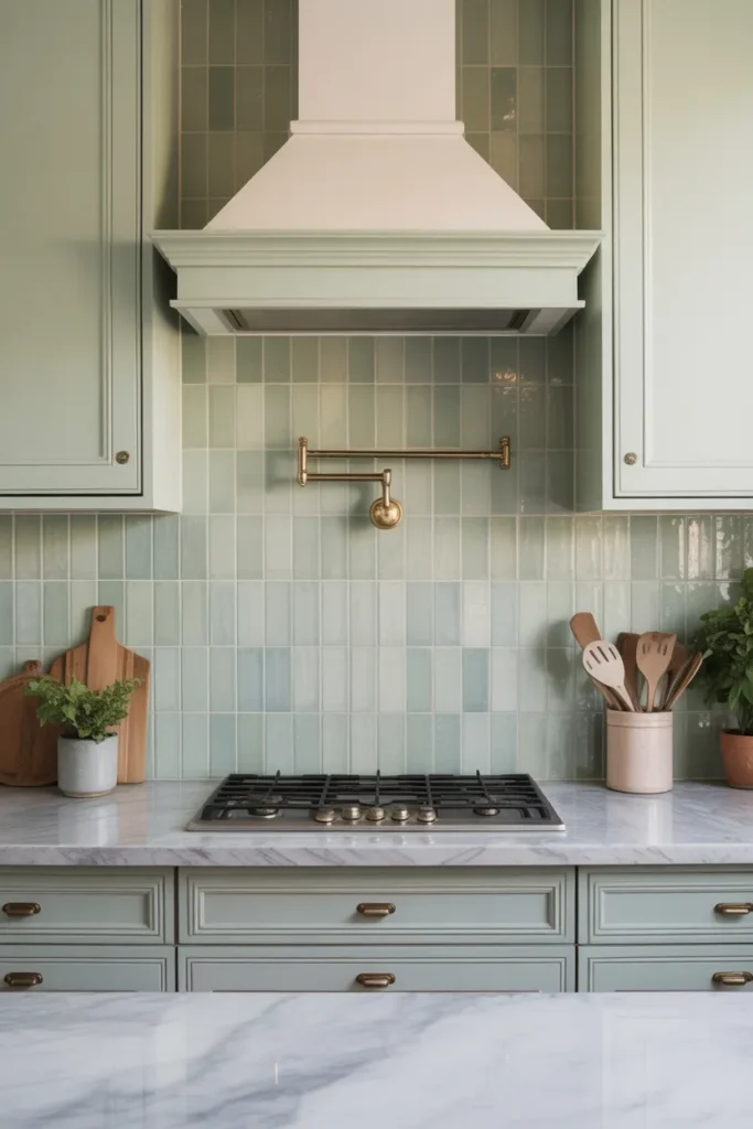 Soft Sage Green Tiles with Marble Countertops