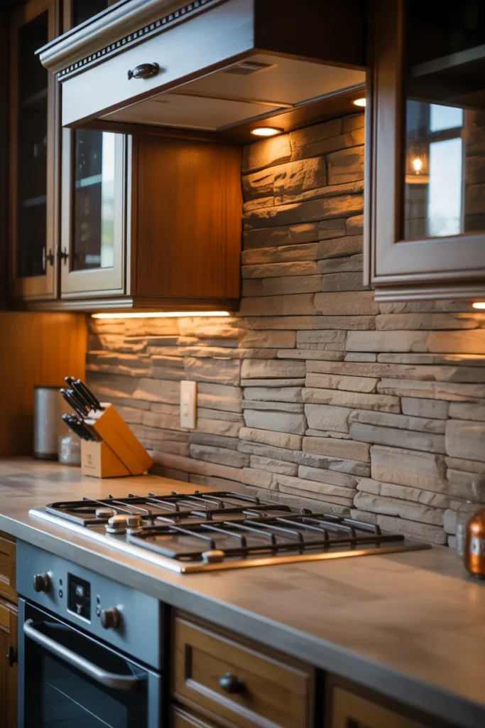 Stone Backsplash with Warm Rustic Lighting