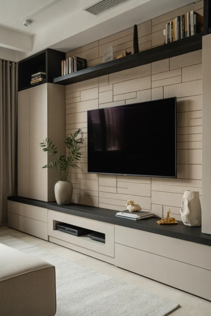 Stone Feature TV Wall with Floating Shelves