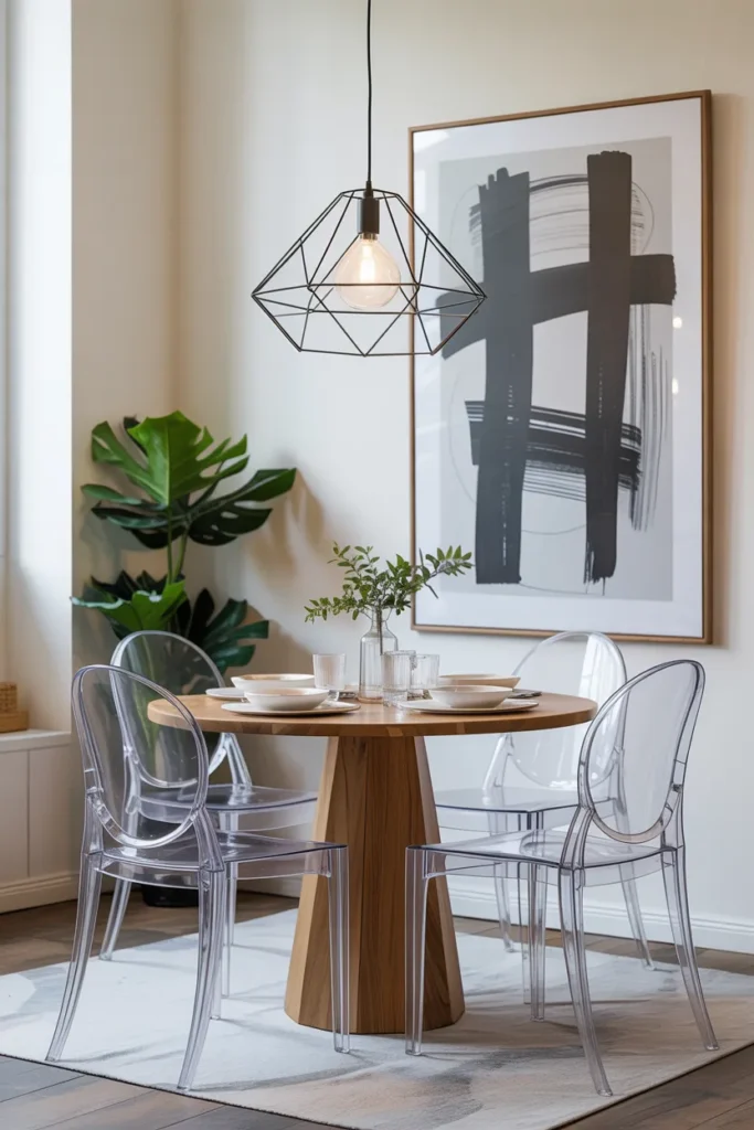 Transparent Acrylic Chairs with Wooden Table