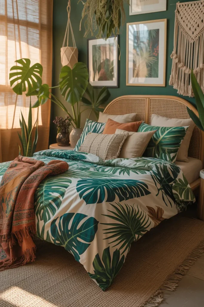 Tropical Leaf Boho Bedroom with Bold Patterns