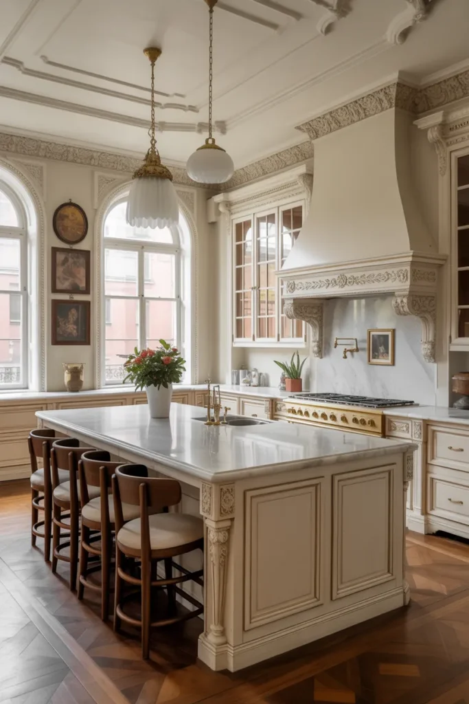 Victorian Kitchen with Center Island and Seating