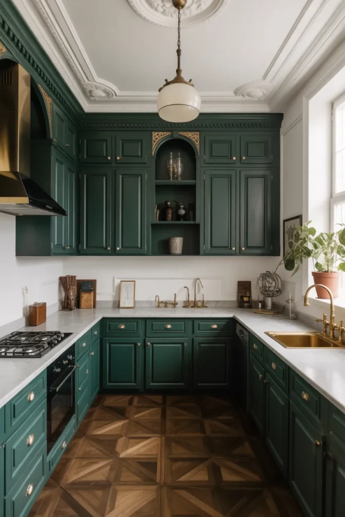 Victorian Kitchen with Dark Green Cabinets