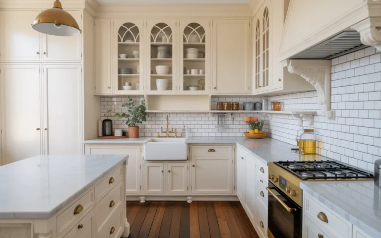 Victorian Kitchen with Marble Subway Tile Backsplash,