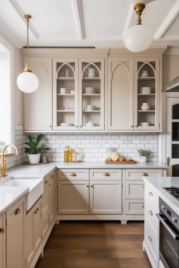 Victorian Kitchen with Marble Subway Tile Backsplash