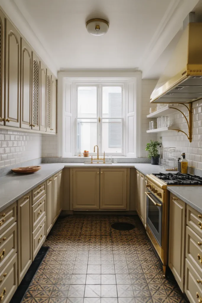 Victorian Kitchen with Patterned Tile Flooring