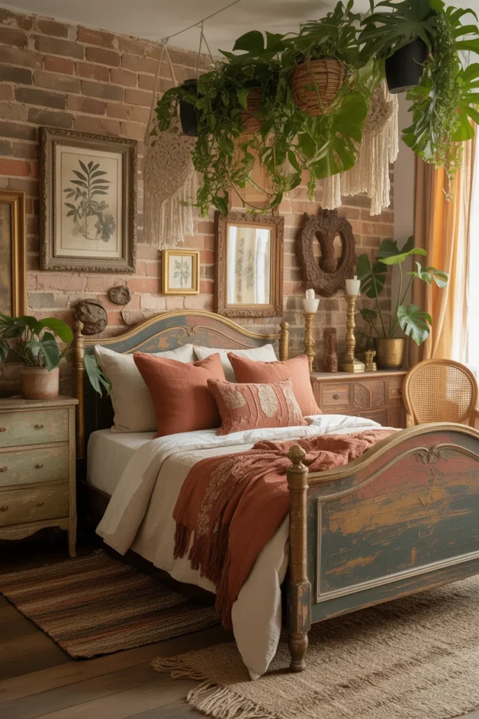 Vintage Jungle Boho Bedroom with Artistic Details