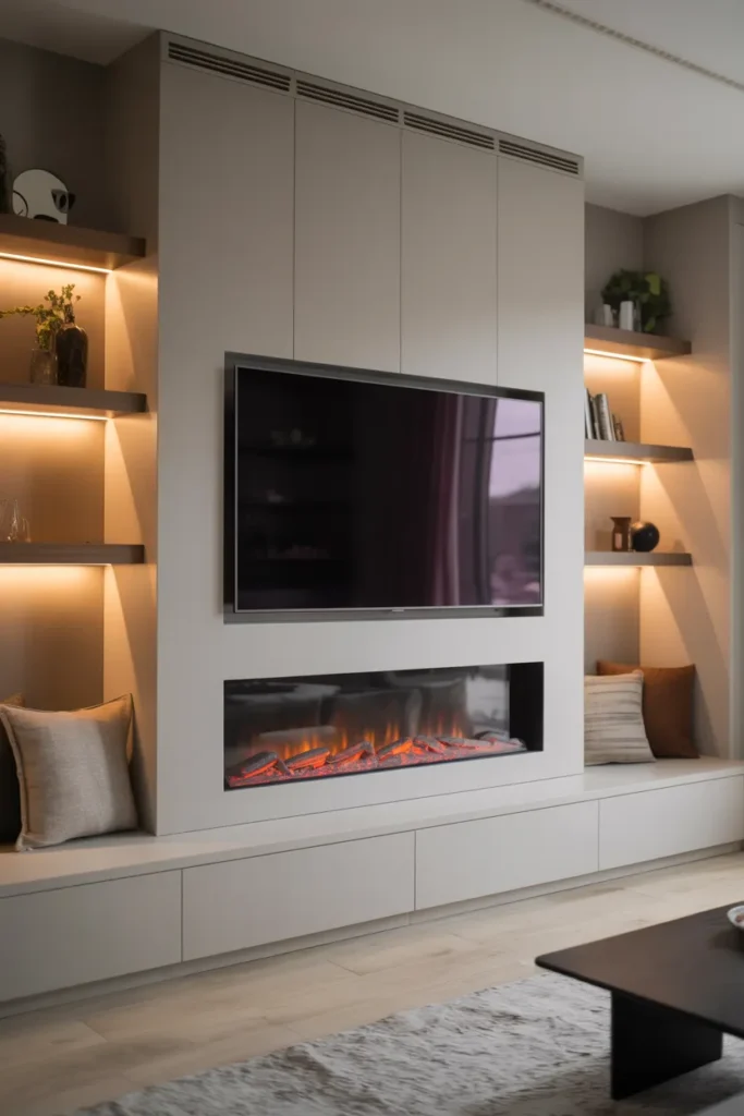 Wall-Mounted TV With Integrated Fireplace