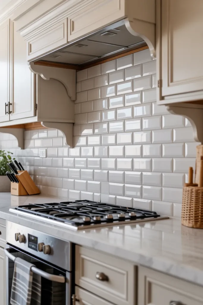 White Beveled Subway Tile Backsplash