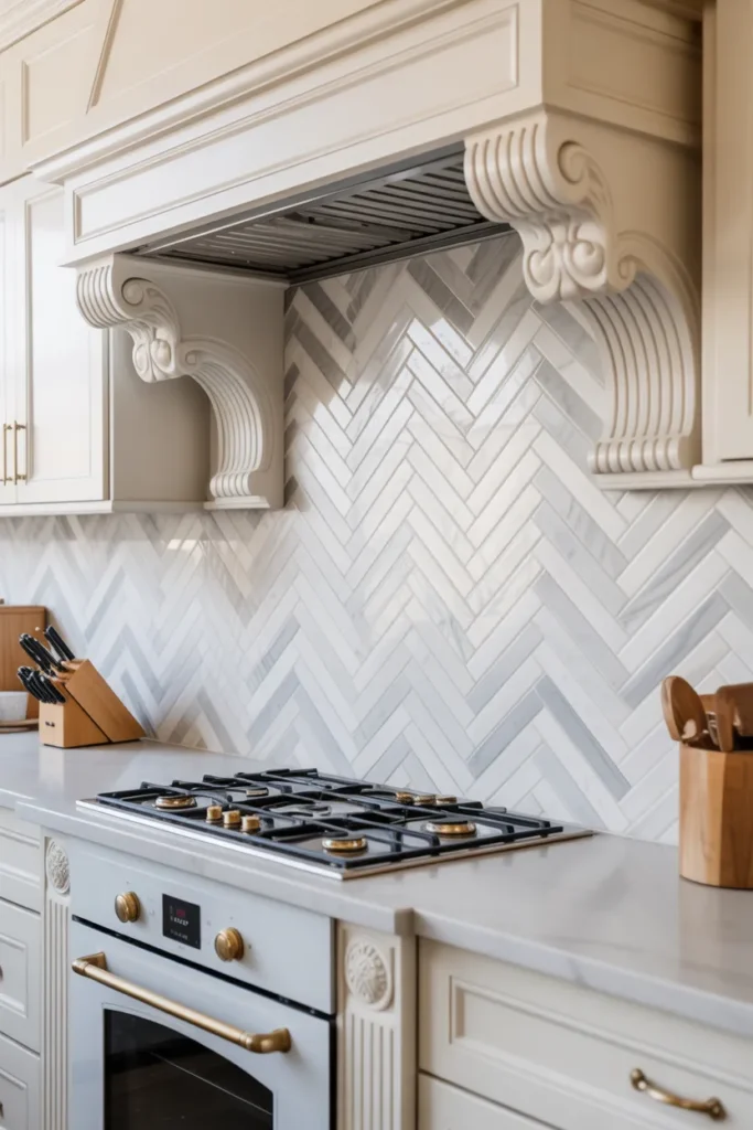 White Herringbone Marble Backsplash