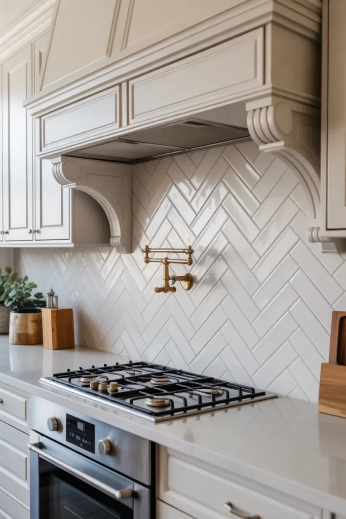 White Herringbone Tile Backsplash