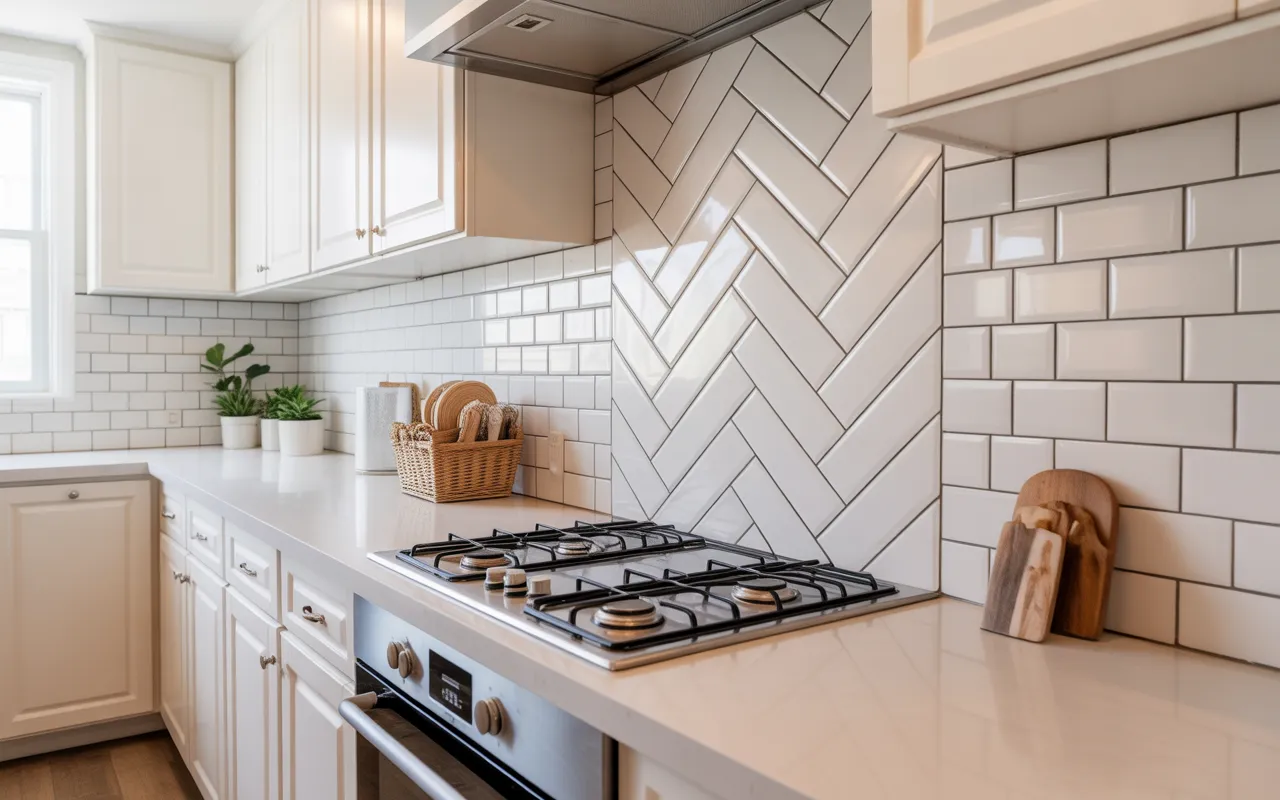 White Subway Tiles with Diagonal Layout,