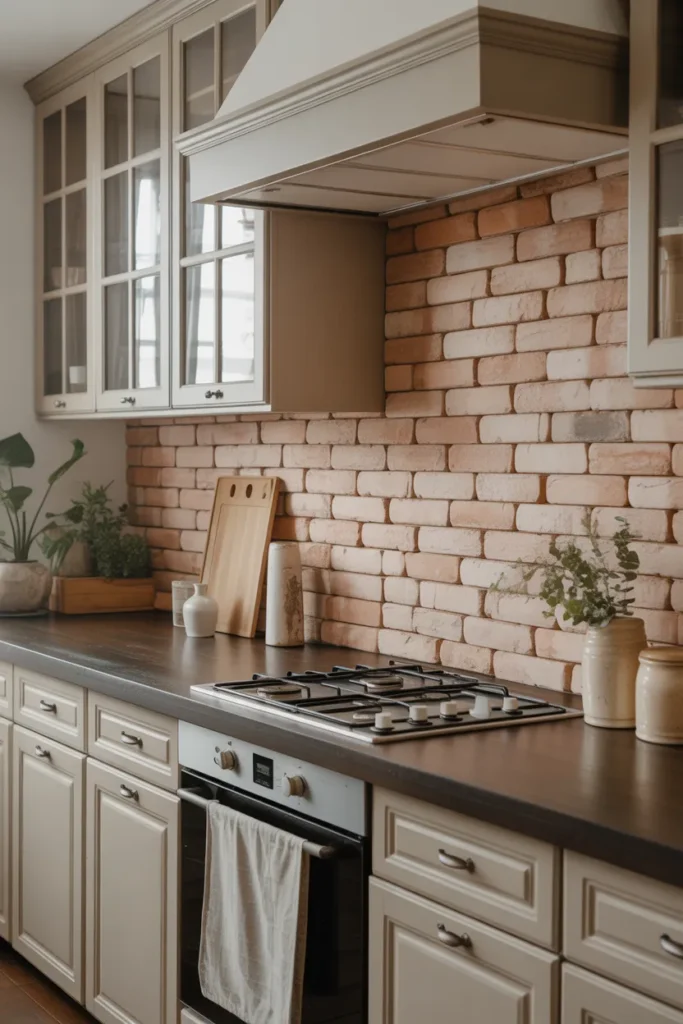 Whitewashed Brick Backsplash for Soft Rustic Vibe