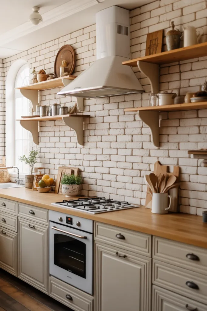 Whitewashed Brick with Farmhouse Shelving