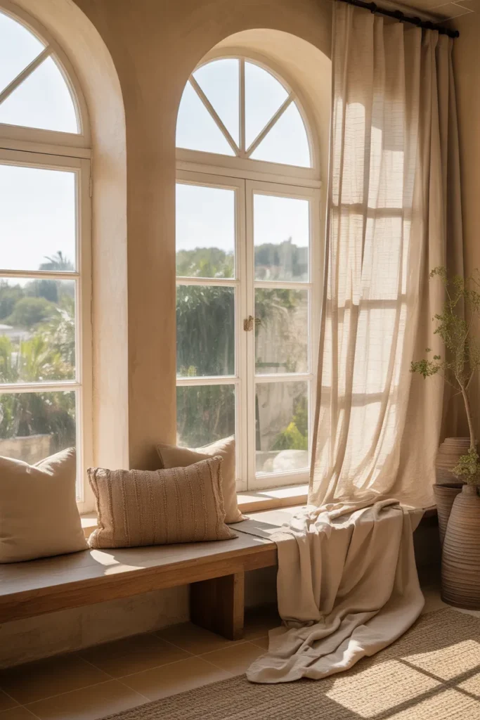 Arched Windows with Flowing Linen Curtains