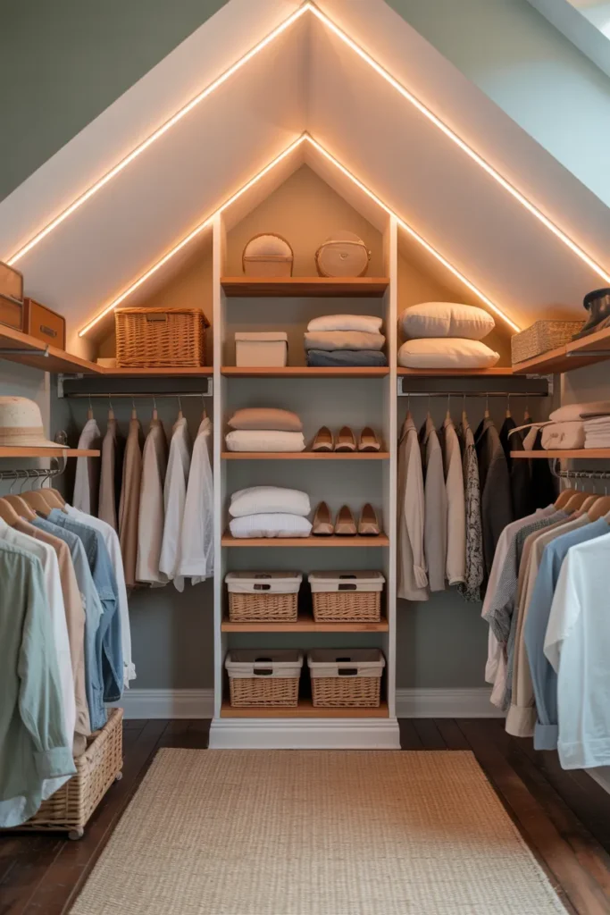 Attic Walk-In Closet with Built-In Shelves