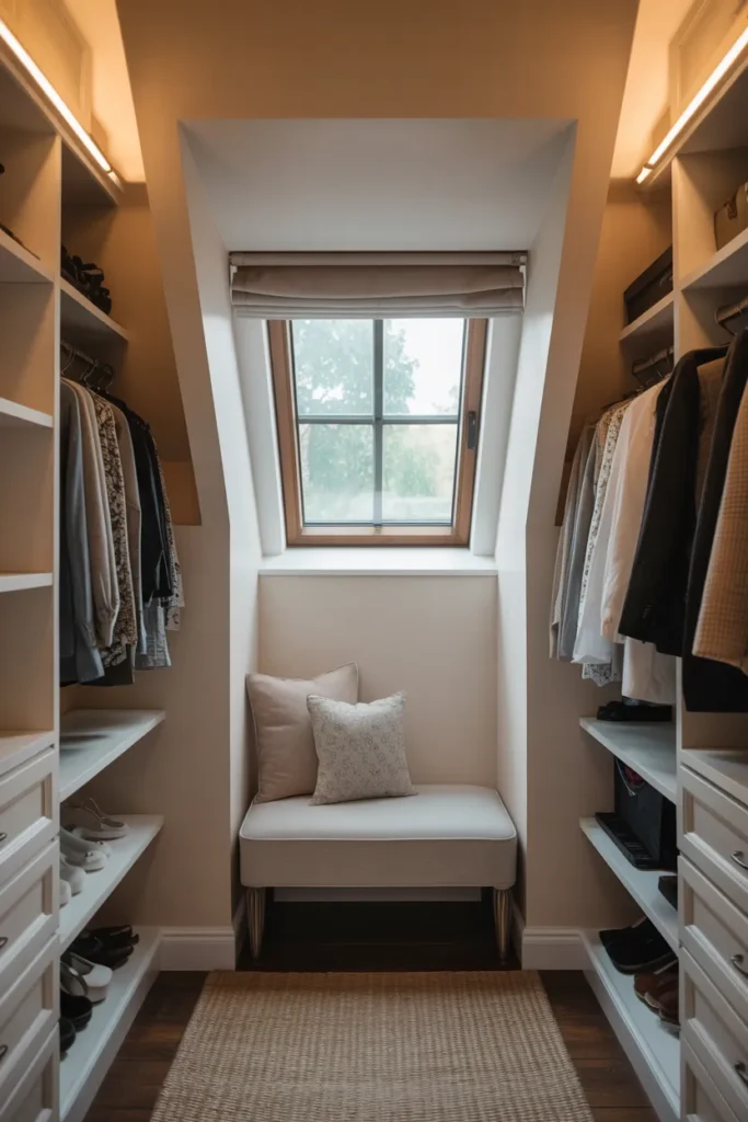 Attic Walk-In Closet with Compact Dressing Bench