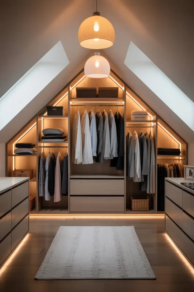 Attic Walk-In Closet with Decorative Lighting