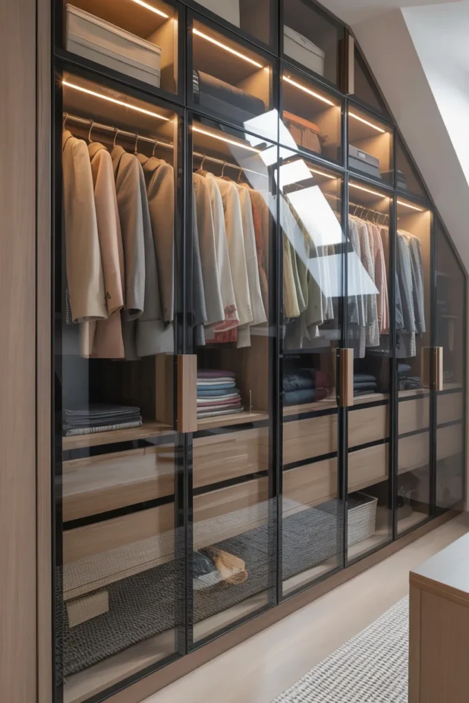 Attic Walk-In Closet with Glass Cabinet Doors