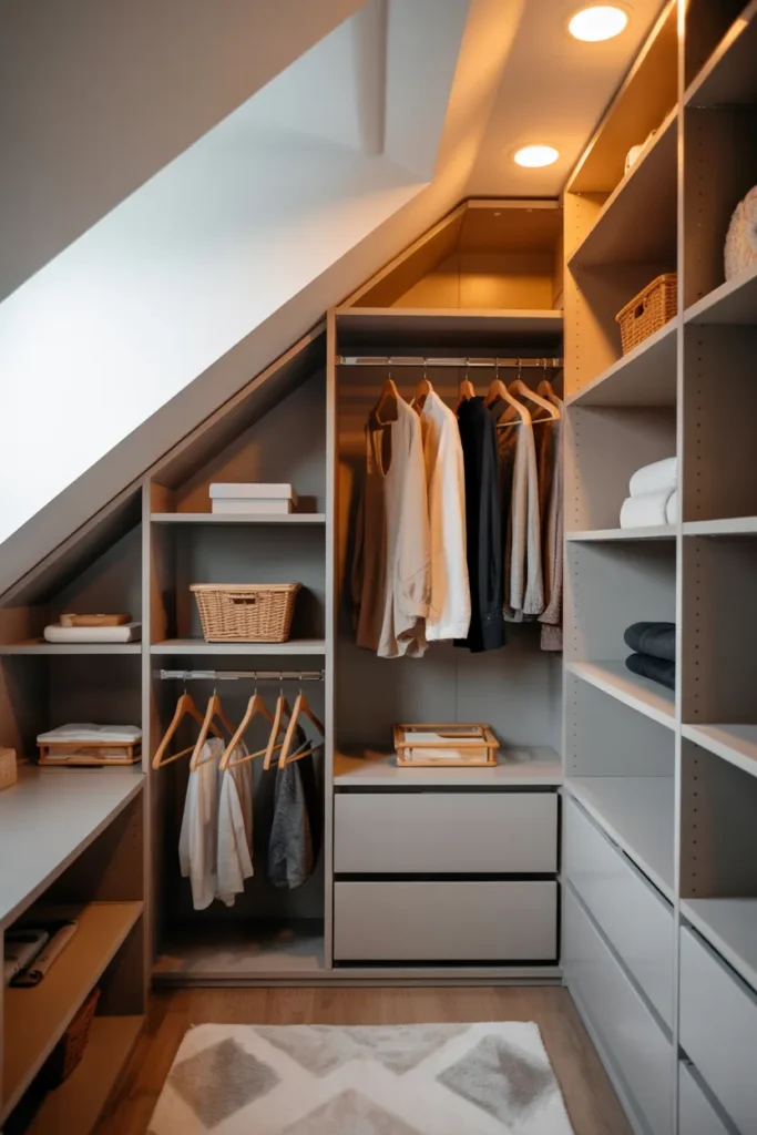 Attic Walk-In Closet with Hanging Rods Along Sloped Walls