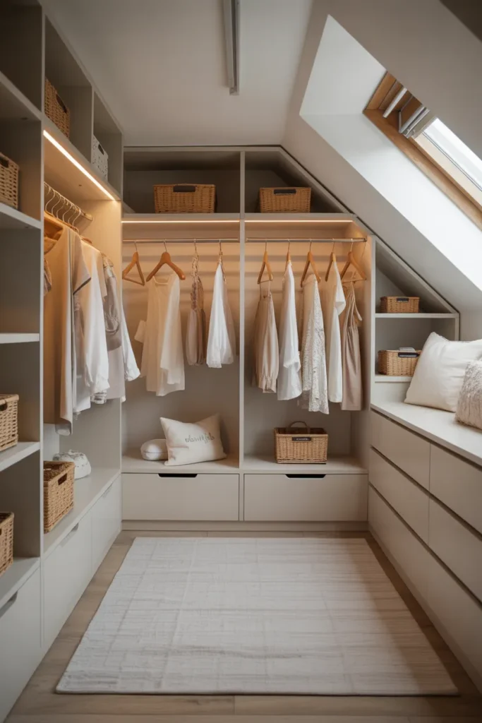 Attic Walk-In Closet with Neutral Color Palette