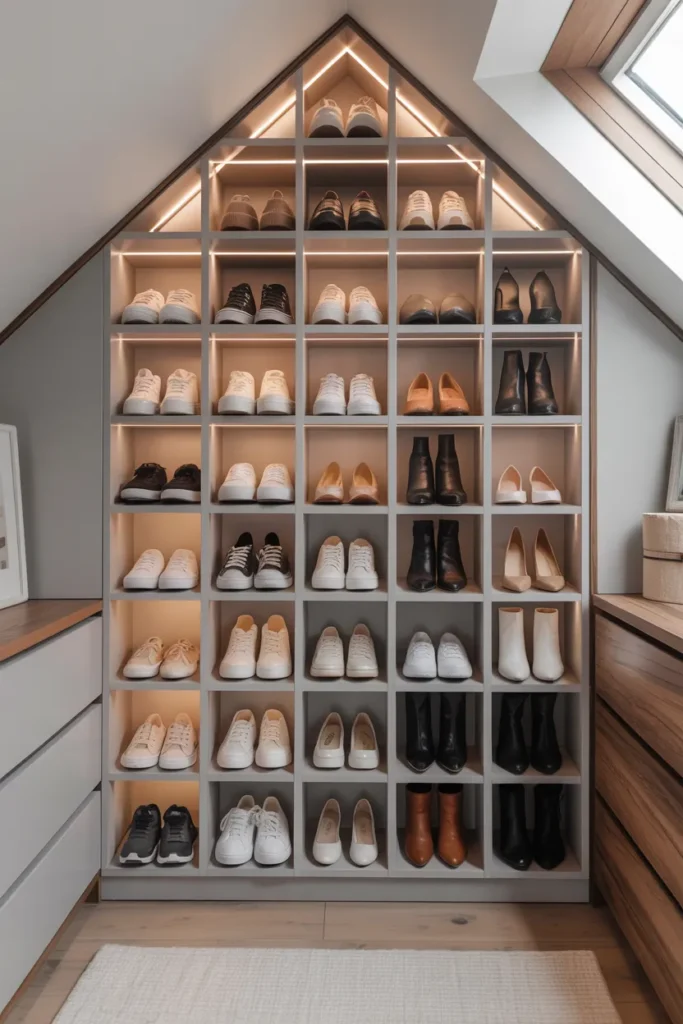 Attic Walk-In Closet with Shoe Storage Wall